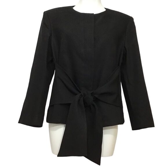 St John Black Linen Blend Collarless Attached Front Tie Belt Blazer New Size 10 - Picture 1 of 12